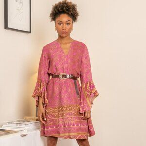 Last Queen Tunic Shirt Dress V-neck Bell Sleeves Pink Boho Print Size Medium